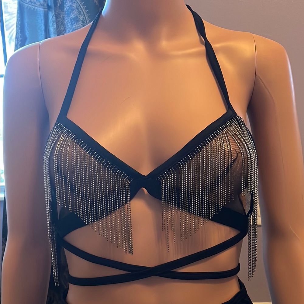 iHeartRaves Black and Silver Fringe Halter Top